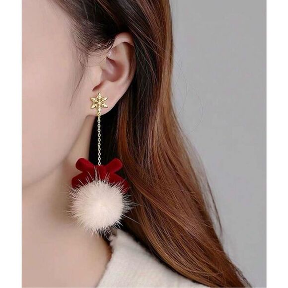 Holiday Christmas Vegan Fur Tassel Drop Snowflake Red Velvet Bow Earrings - Picture 2 of 7